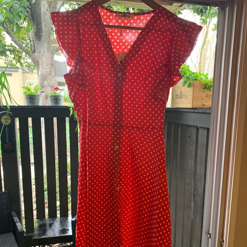 Red polka dot midi dress